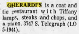Gherardis Restaurant - June 1972 Article